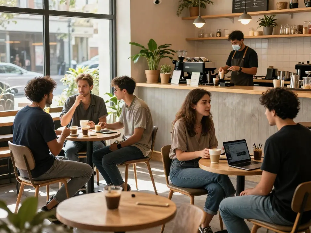 Café atmosphere with people enjoying conversations and coffee at rokok88.