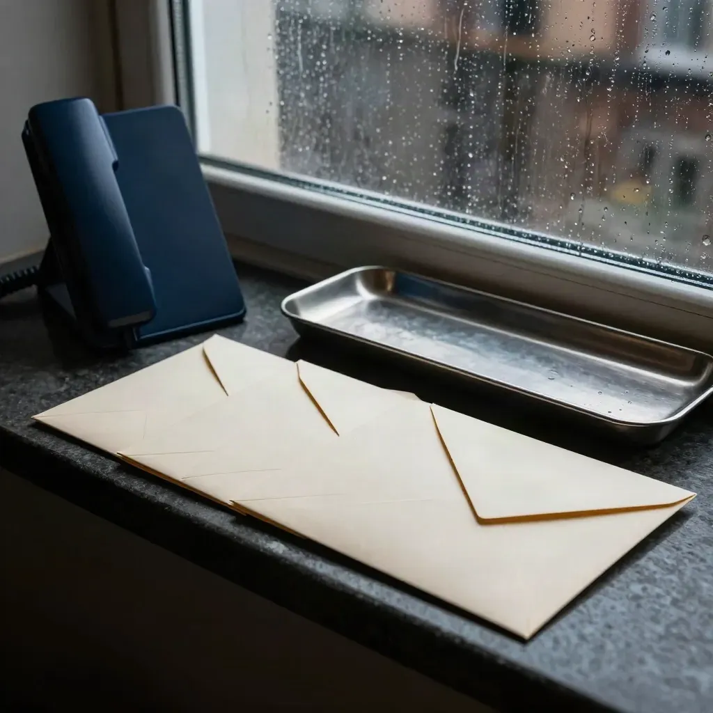 Kuvert och metallbricka vid regnigt fönster i ett mörkt advokatkontor.